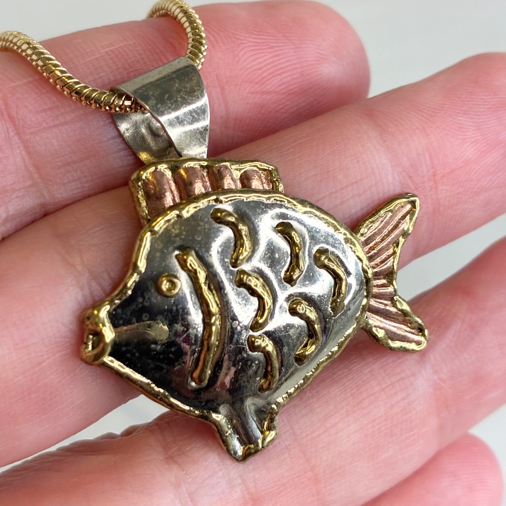 Vintage Fish Pendant Mixed Metal Signed SJ Gold Tone Snake Chain 24" Necklace